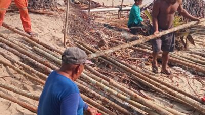 Cegah Abrasi Warga Desa Sedamai Pasang Karung Berisi Pasir Untuk Menahan Ombak