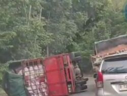 Jalan Rusak! Truk Pengangkut Barang Terbalik di Bawah Hotel Vista Batam
